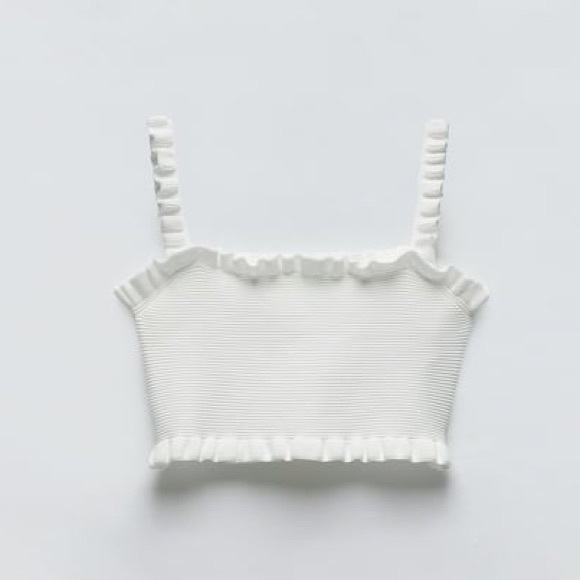 🤍 NWT ZARA White Cropped Ribbed Tank Ruffle Crop Top Large 0/3859/027/250/04 - Picture 3 of 6